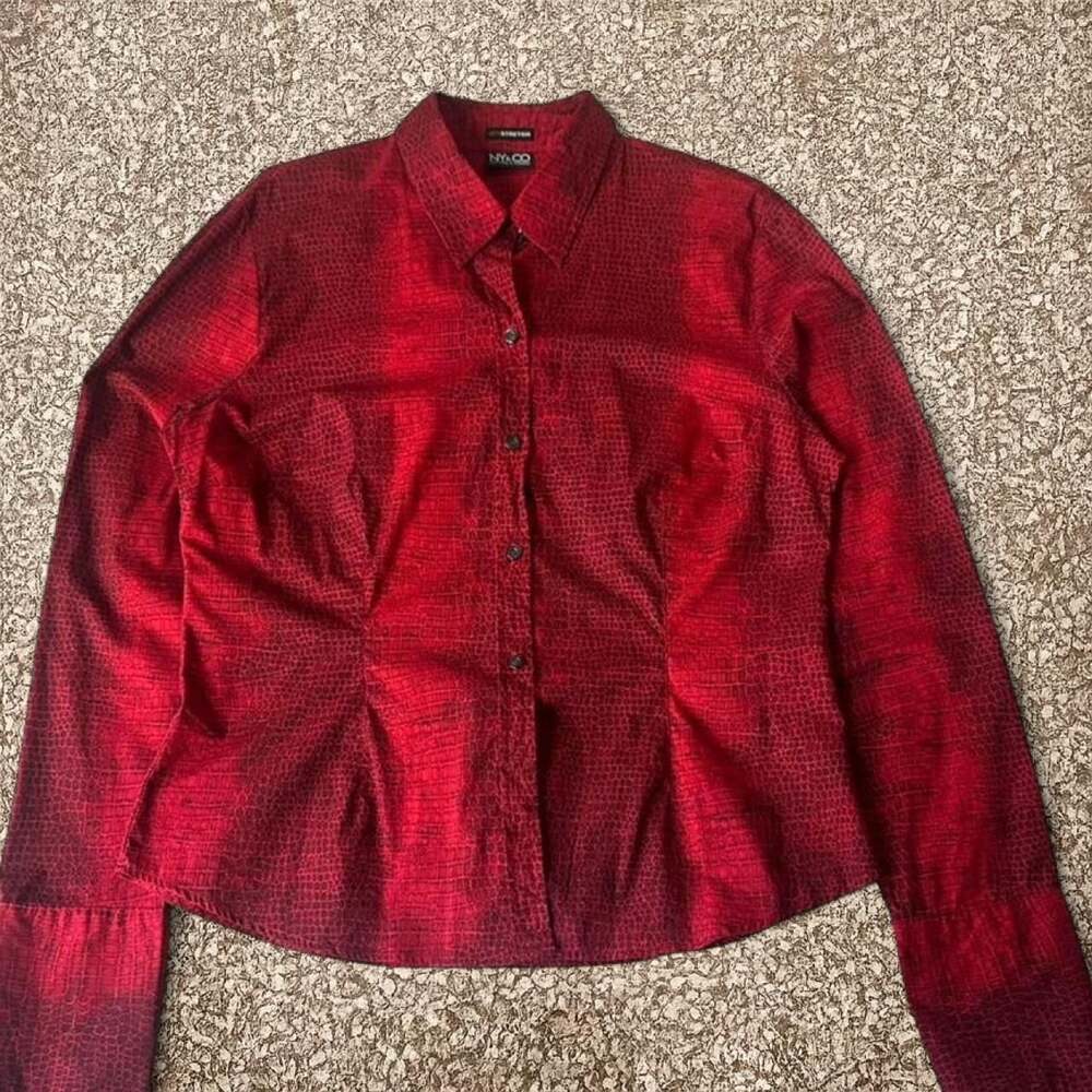 New York & Company City Stretch Red Crocodile Print Button Up Top L